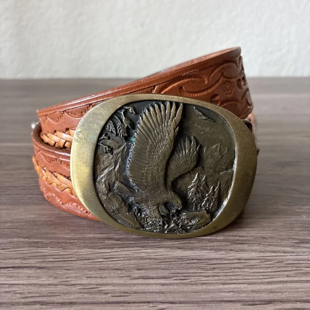 VTG High Mesa American Eagle Solid Bronze Belt Buckle & Leather Belt, Size 36